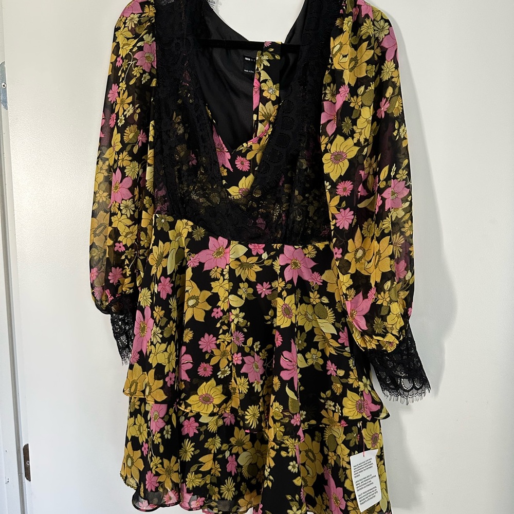 ASOS Black Floral Dress with Pink and Yellow Accents